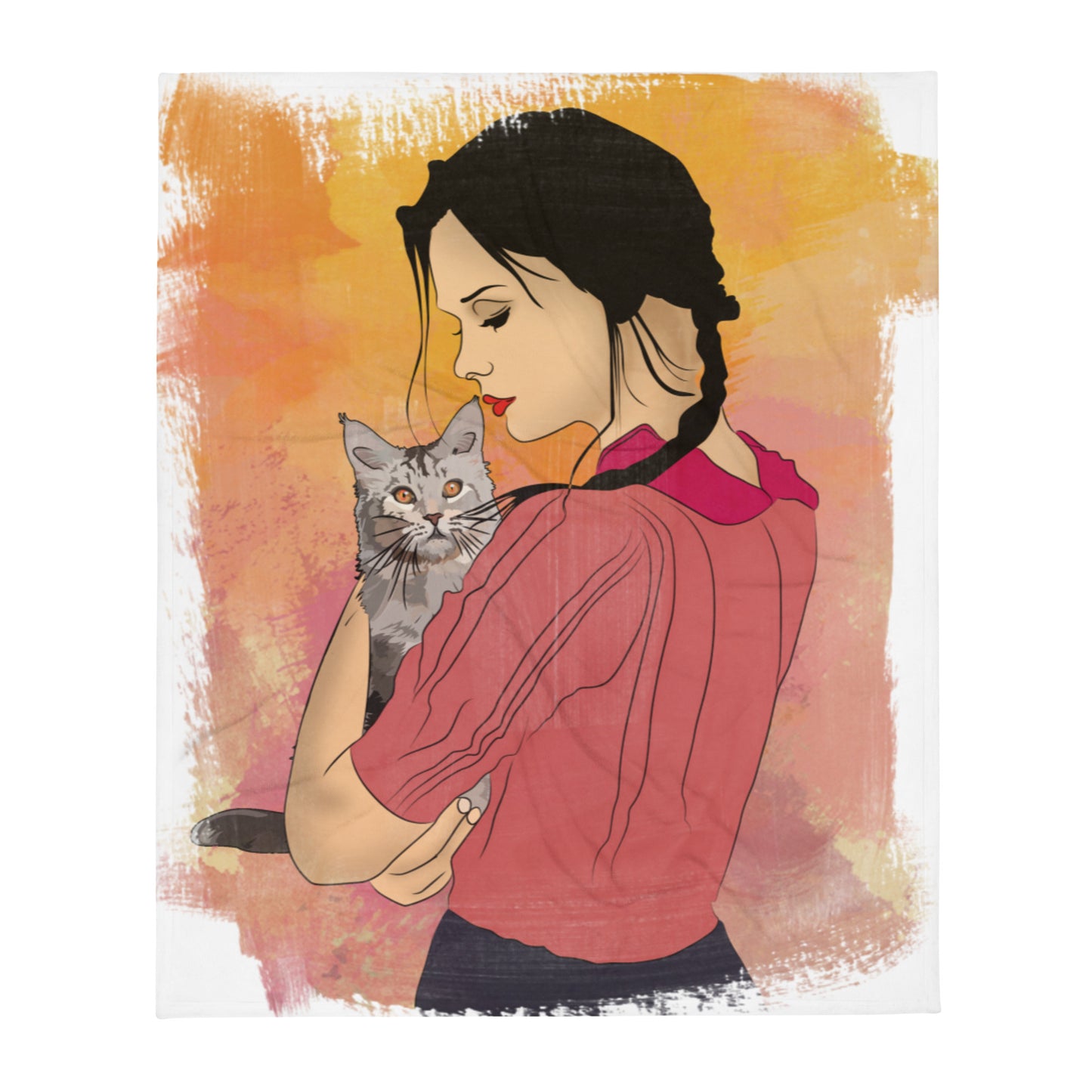 Girl With Cat Throw Blanket