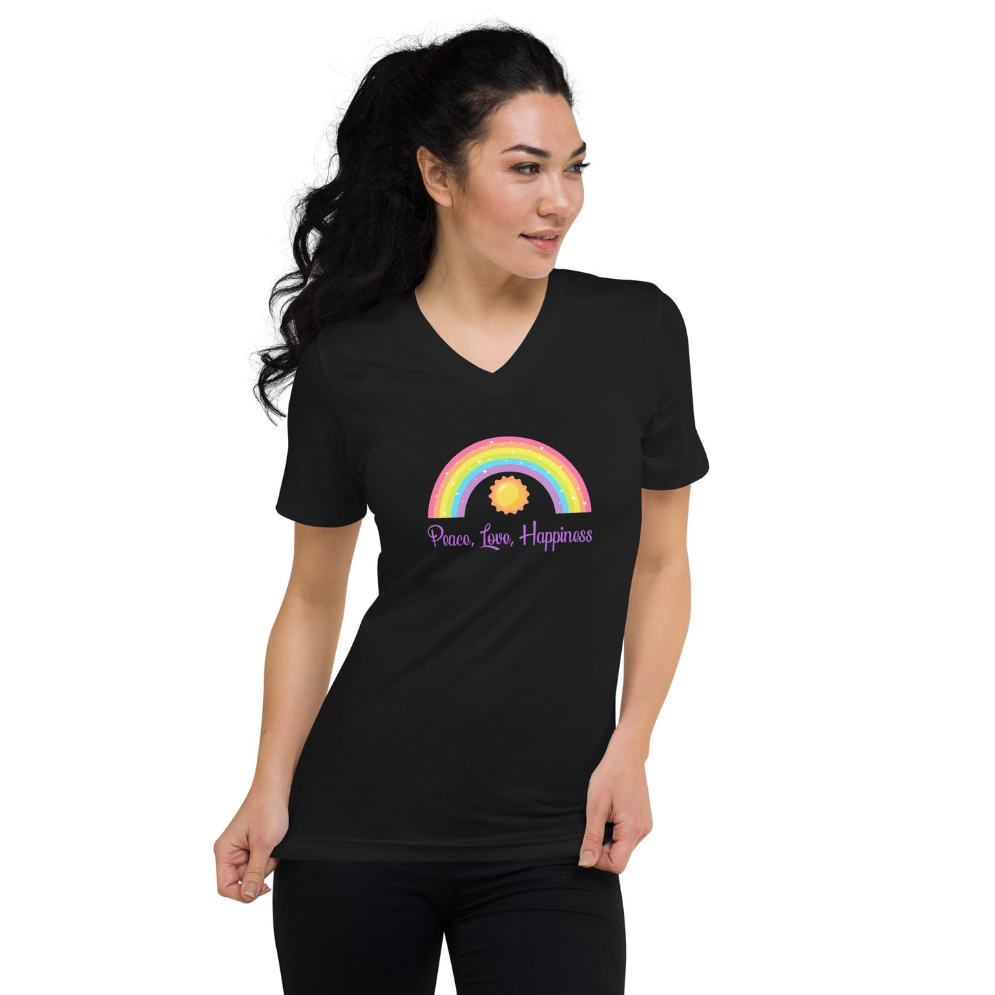 Peace, Love, Happiness Unisex Short Sleeve V-Neck T-Shirt