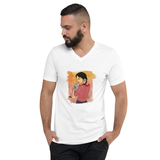 Girl With Cat Men's V-Neck T-Shirt